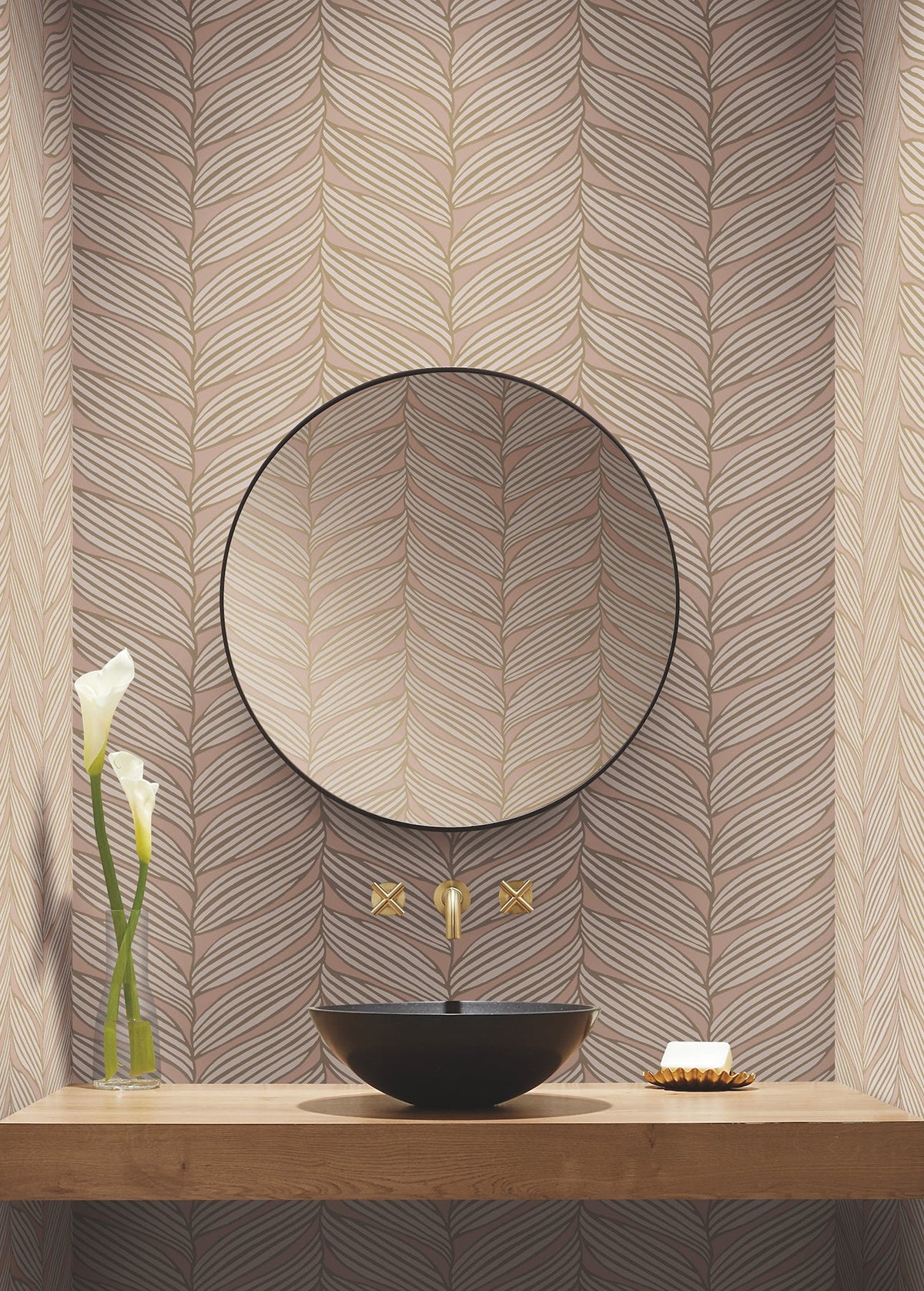 MD7161 Luminous Leaves Blush & Gold Modern Metals Wallpaper by York Wallcoverings