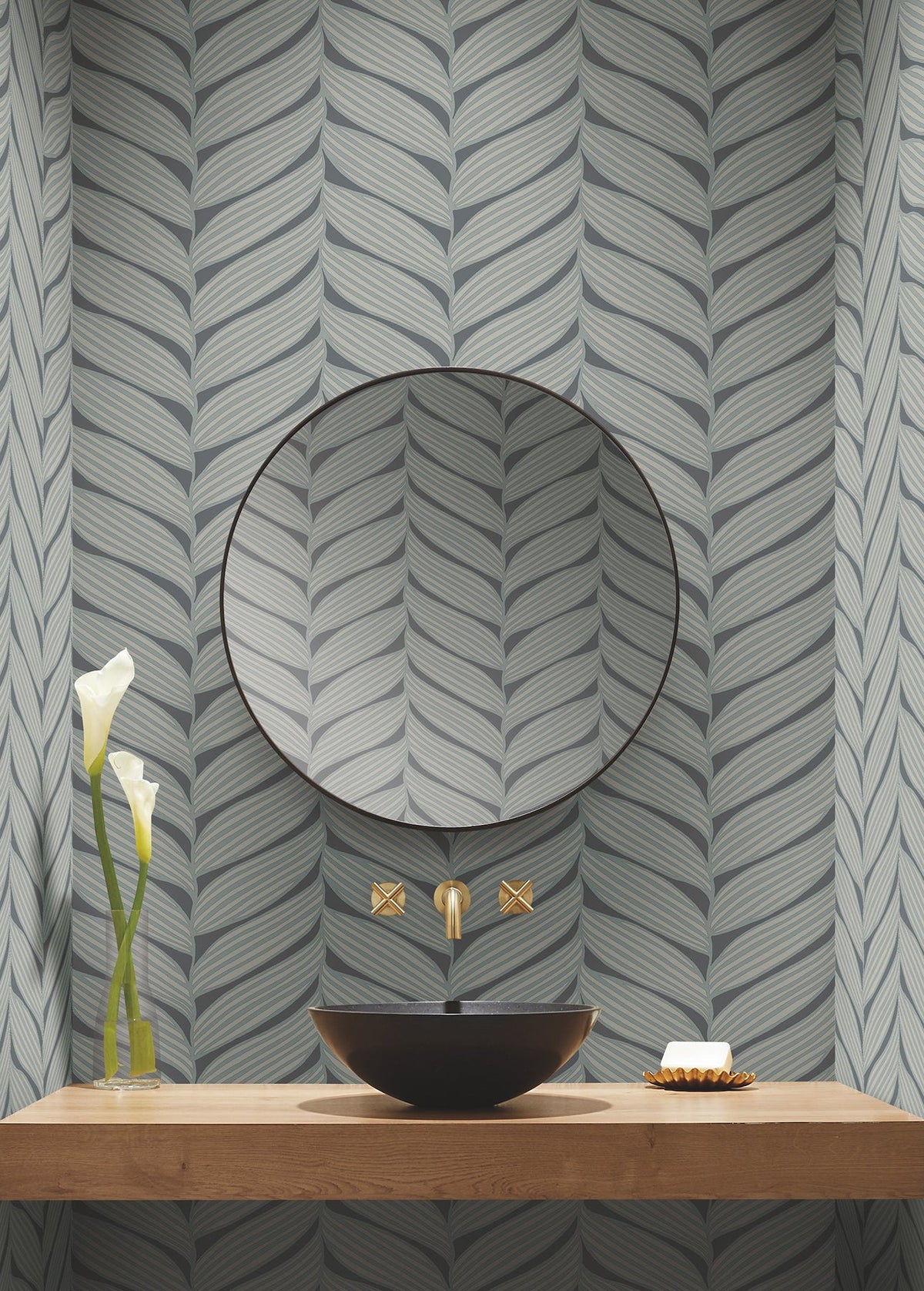 MD7163 Luminous Leaves Charcoal & Silver Modern Metals Wallpaper by York Wallcoverings