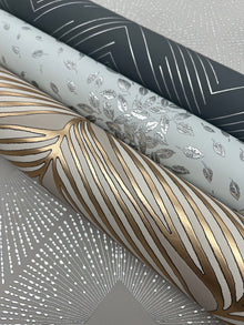 MD7164 Luminous Leaves Grey & Gold Modern Metals Wallpaper by York Wallcoverings