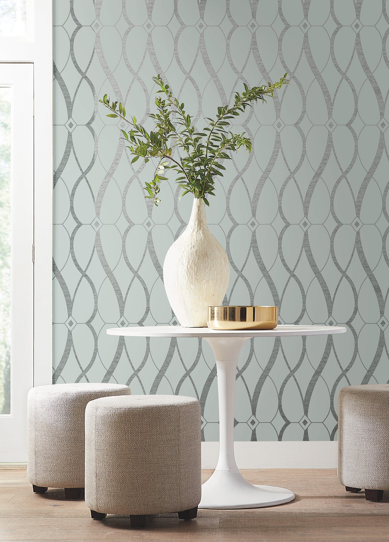 MD7172 Graceful Geo Spa & Silver Modern Metals Wallpaper by York Wallcoverings