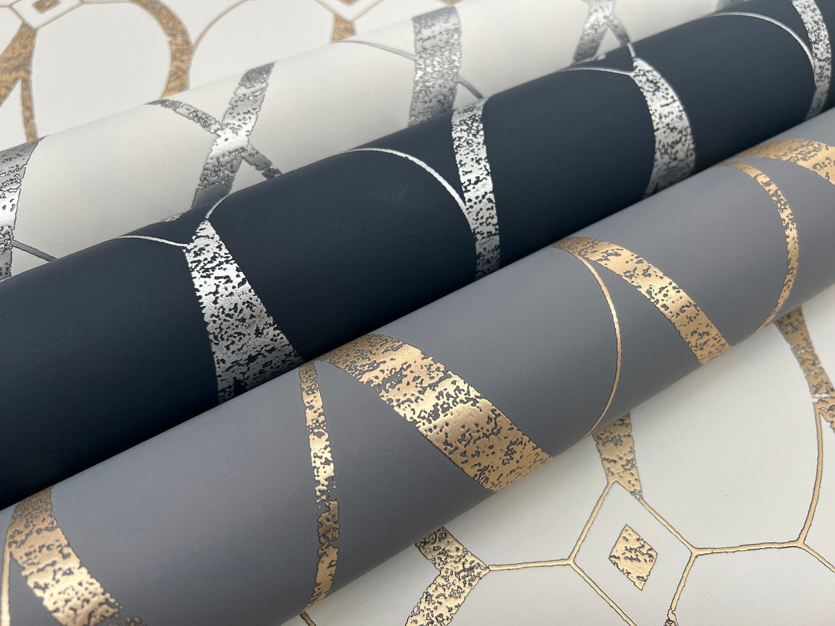 MD7173 Graceful Geo White & Silver Modern Metals Wallpaper by York Wallcoverings