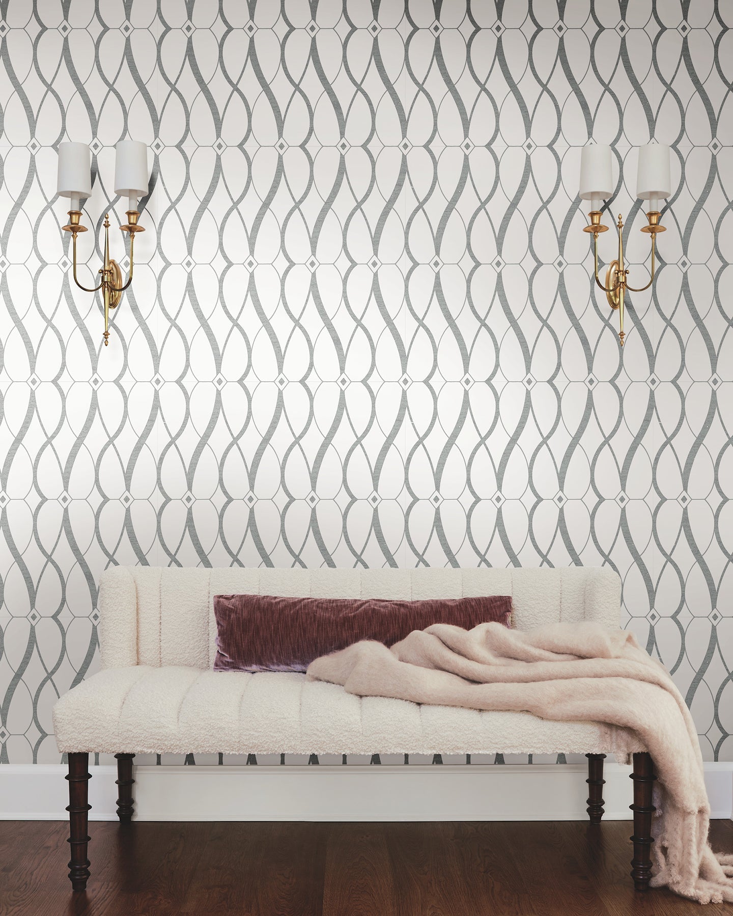 MD7173 Graceful Geo White & Silver Modern Metals Wallpaper by York Wallcoverings