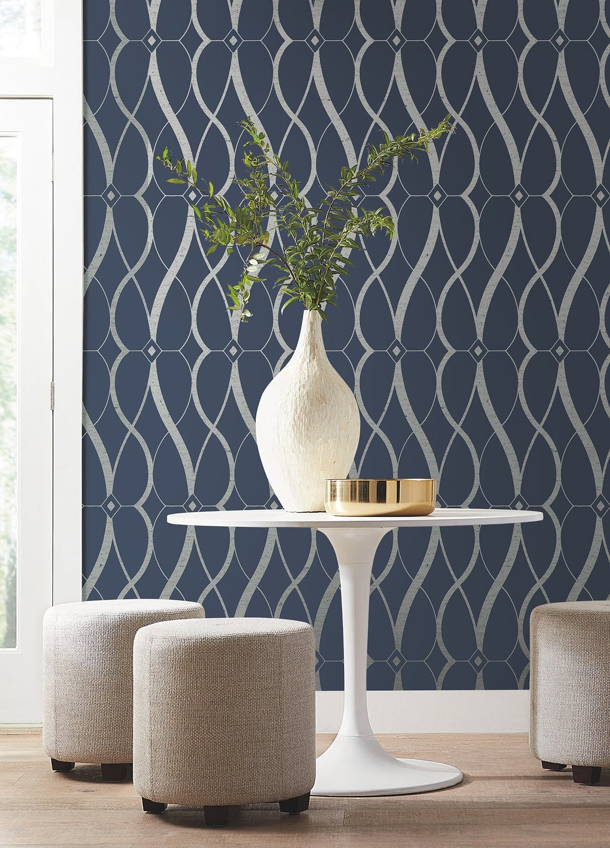 MD7174 Graceful Geo Navy & Silver Modern Metals Wallpaper by York Wallcoverings