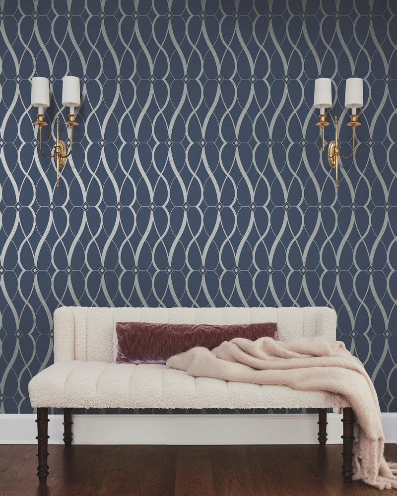 MD7174 Graceful Geo Navy & Silver Modern Metals Wallpaper by York Wallcoverings