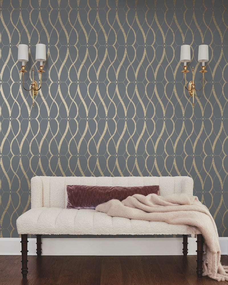 MD7176 Graceful Geo Smoke & Gold Modern Metals Wallpaper by York Wallcoverings