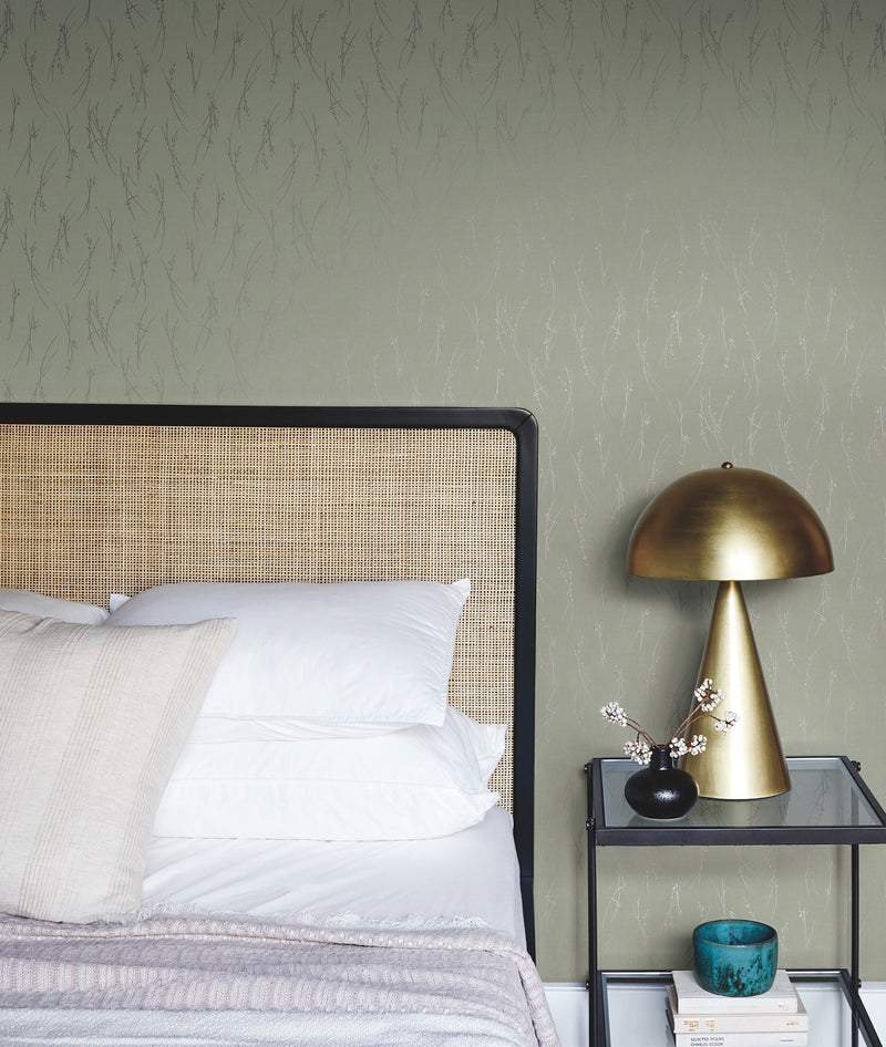 MD7194 Sprigs Eucalyptus & Silver Modern Metals Wallpaper by York Wallcoverings