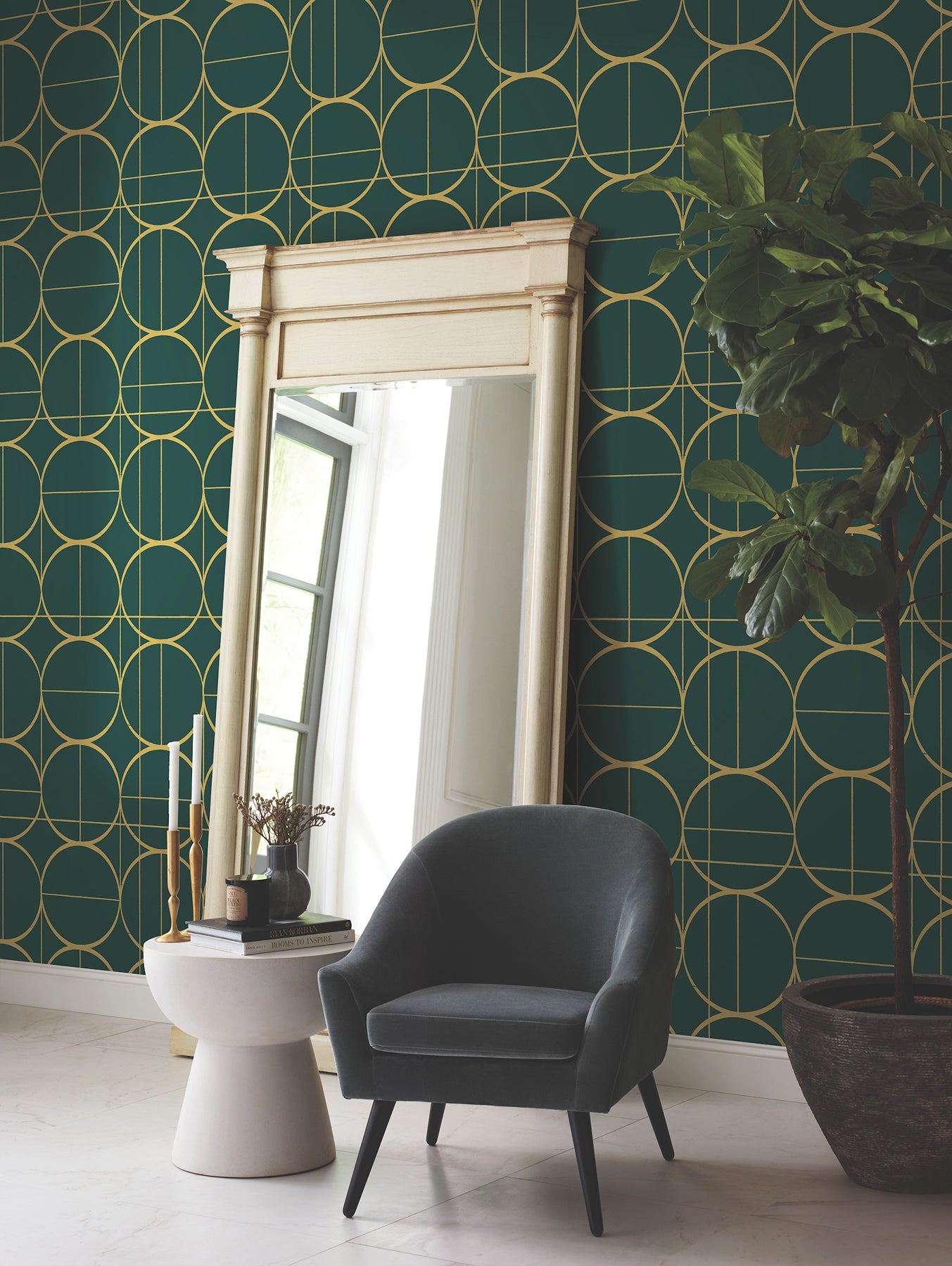 MD7203 Sun Circles Emerald & Gold Modern Metals Wallpaper by York Wallcoverings