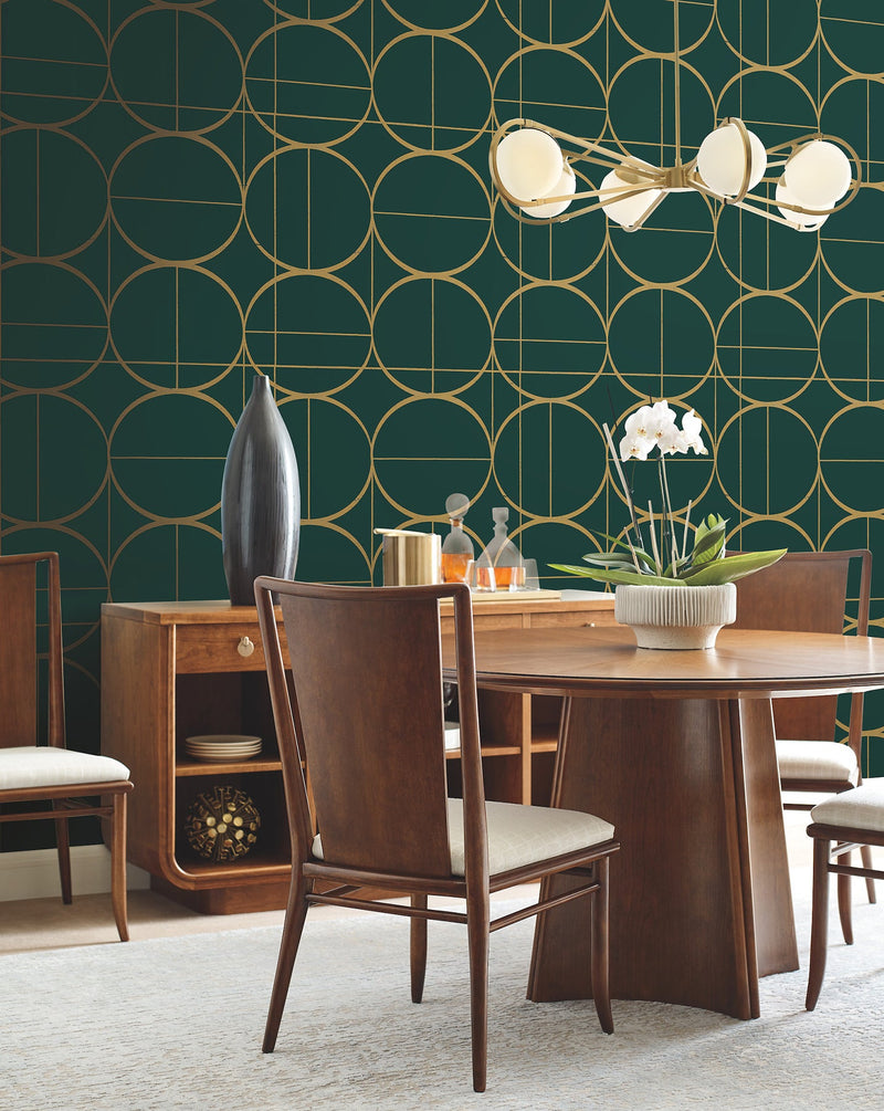 MD7203 Sun Circles Emerald & Gold Modern Metals Wallpaper by York Wallcoverings