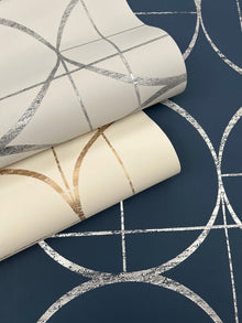 MD7204 Sun Circles Blue & Silver Modern Metals Wallpaper by York Wallcoverings
