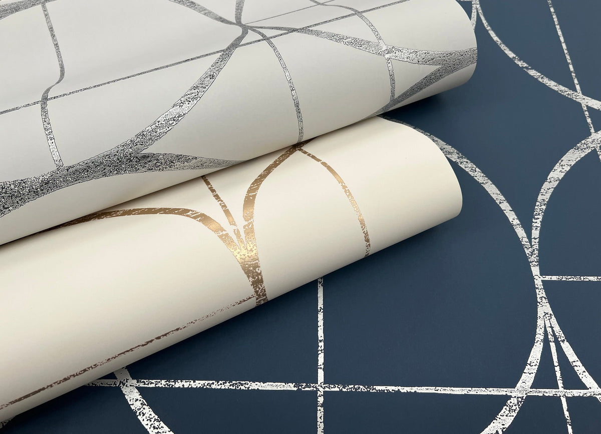 MD7204 Sun Circles Blue & Silver Modern Metals Wallpaper by York Wallcoverings