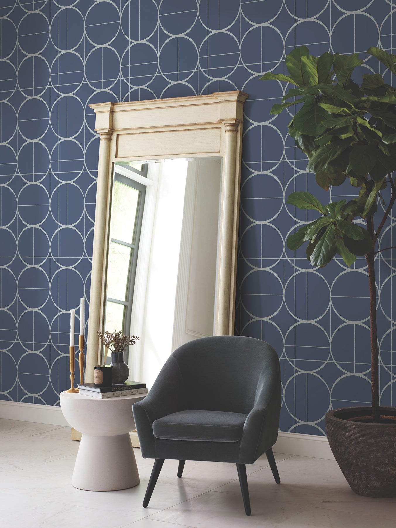 MD7204 Sun Circles Blue & Silver Modern Metals Wallpaper by York Wallcoverings