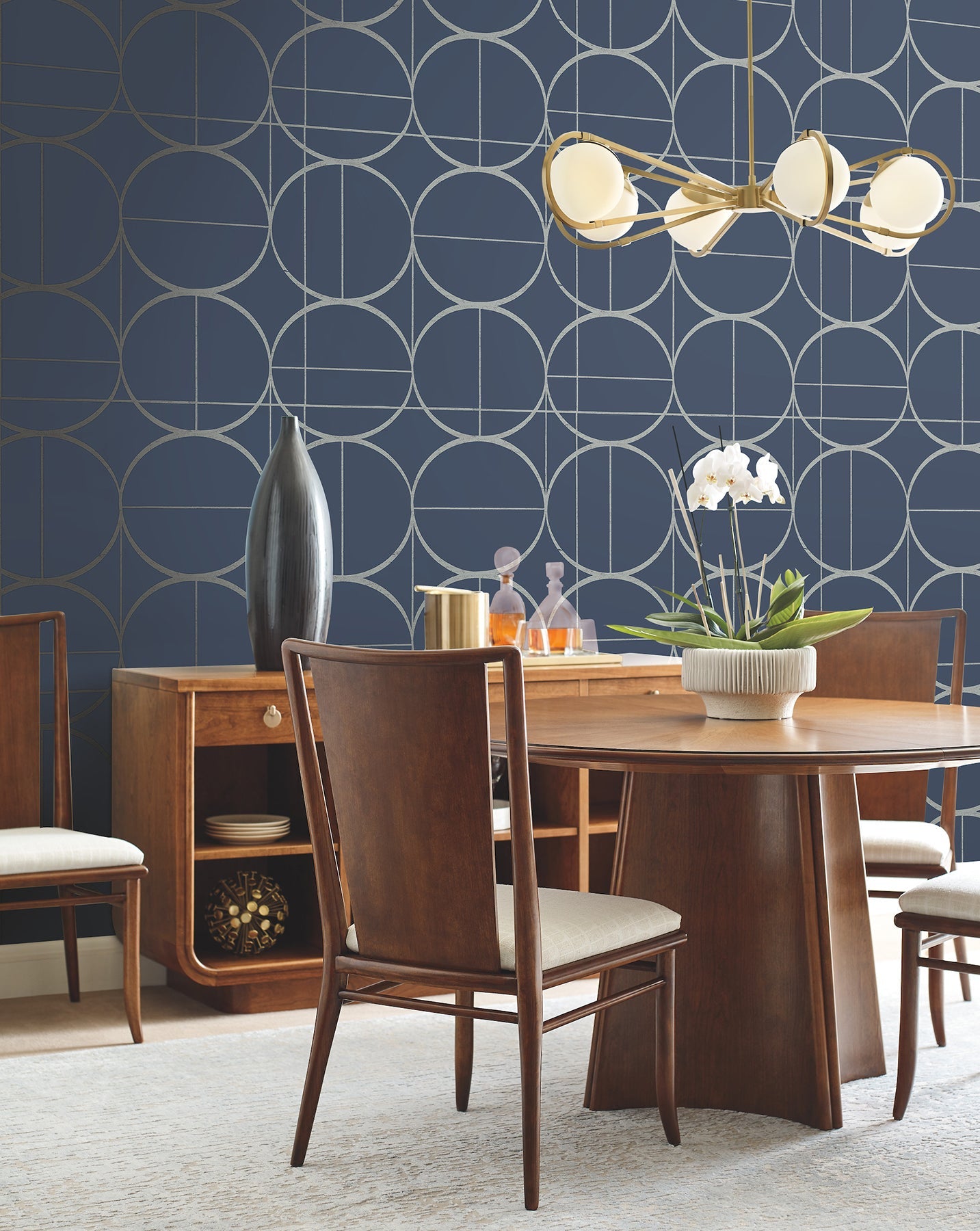 MD7204 Sun Circles Blue & Silver Modern Metals Wallpaper by York Wallcoverings
