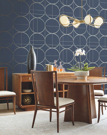 MD7204 Sun Circles Blue & Silver Modern Metals Wallpaper by York Wallcoverings