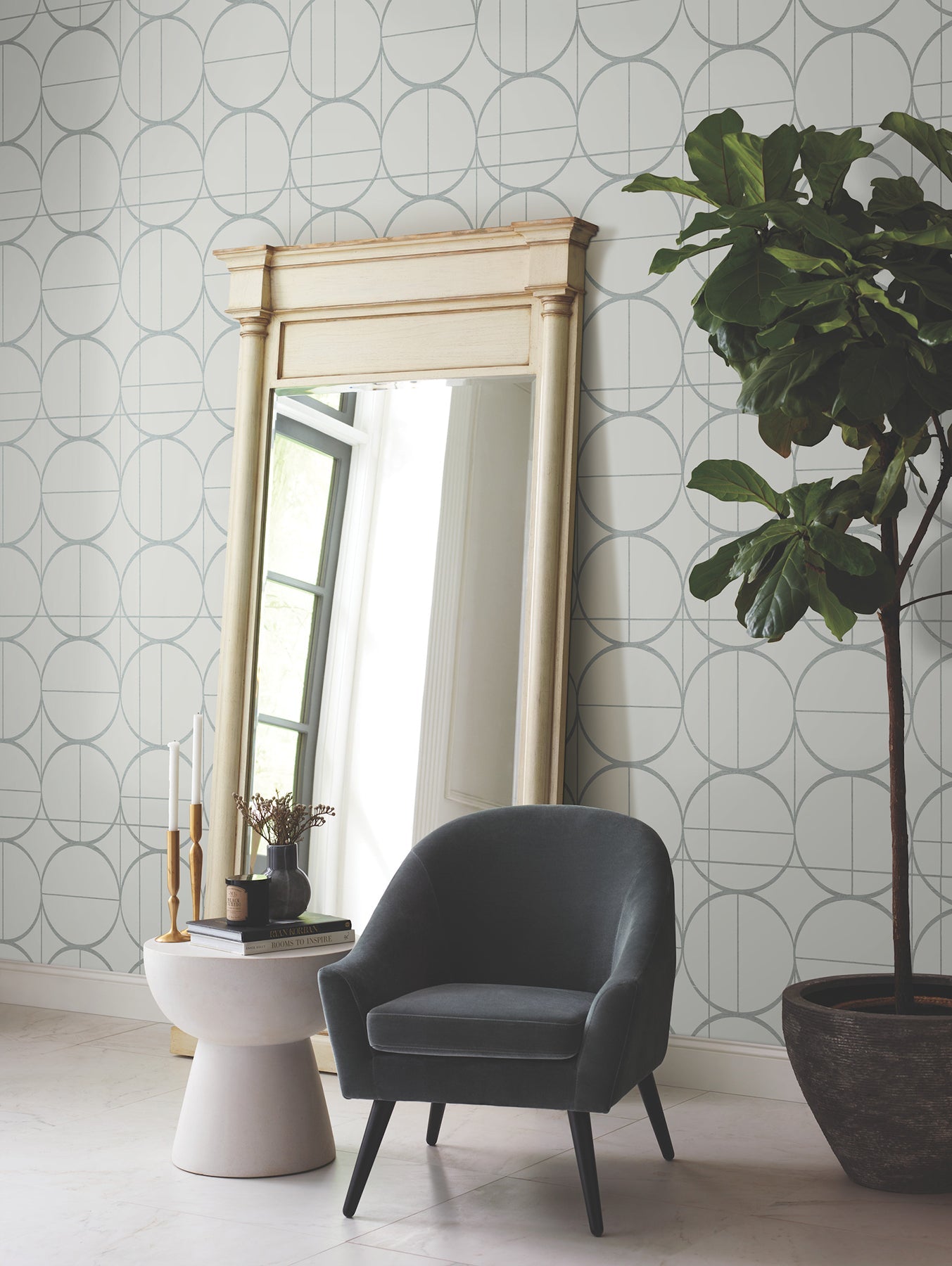MD7205 Sun Circles Fog & Silver Modern Metals Wallpaper by York Wallcoverings