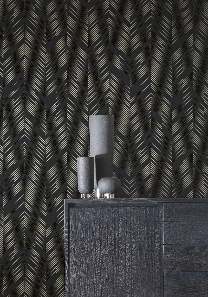 MD7221 Polished Chevron Black & Gold Modern Metals Wallpaper by York Wallcoverings