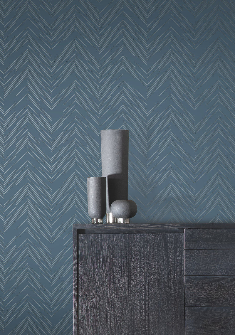 MD7224 Polished Chevron Blue & Silver Modern Metals Wallpaper by York Wallcoverings