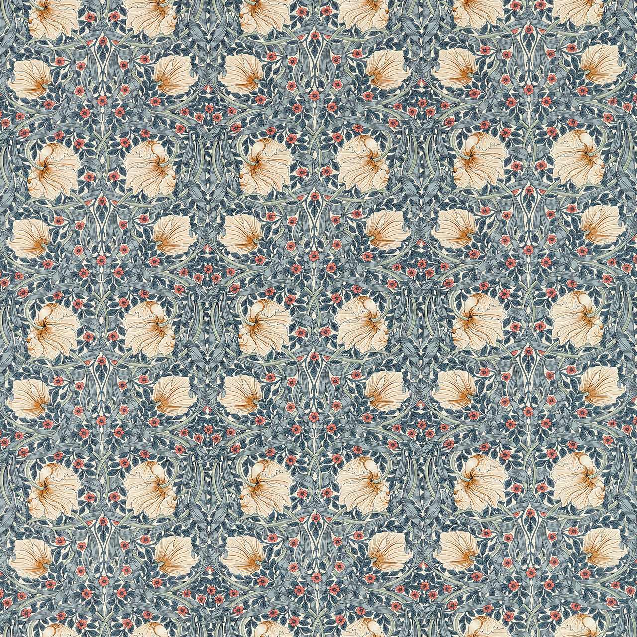 227233 Pimpernel Morris & Friends Woad and Coral Fabric by Morris & Co