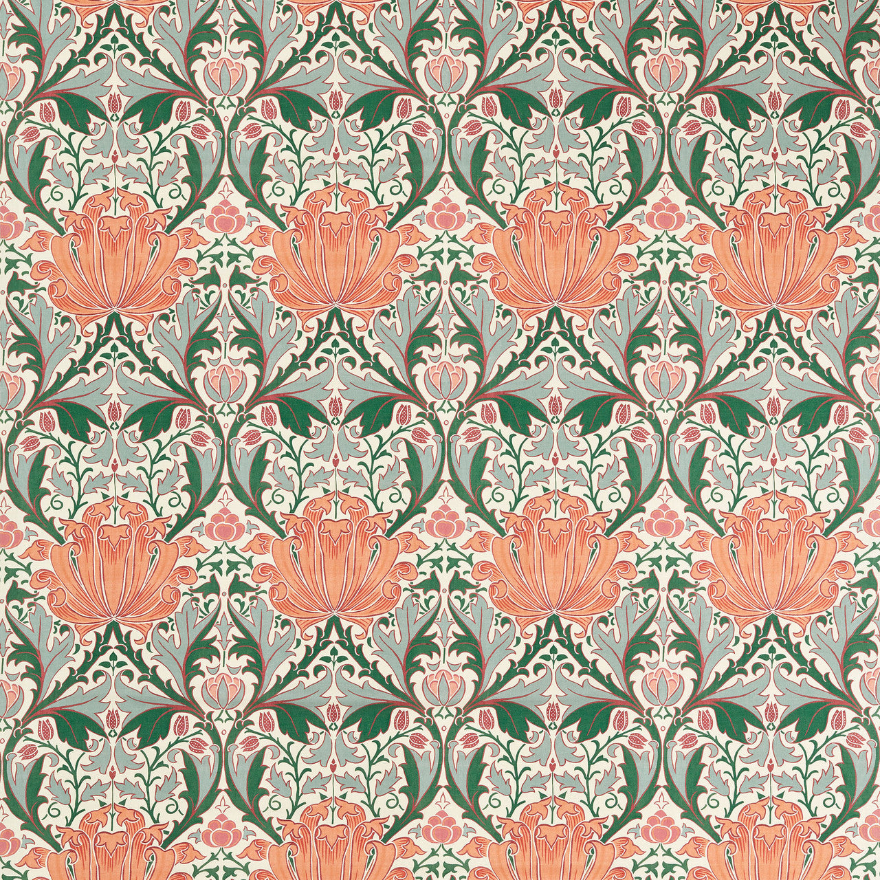 227238 Helena Morris & Friends Peach and Teal Fabric by Morris & Co