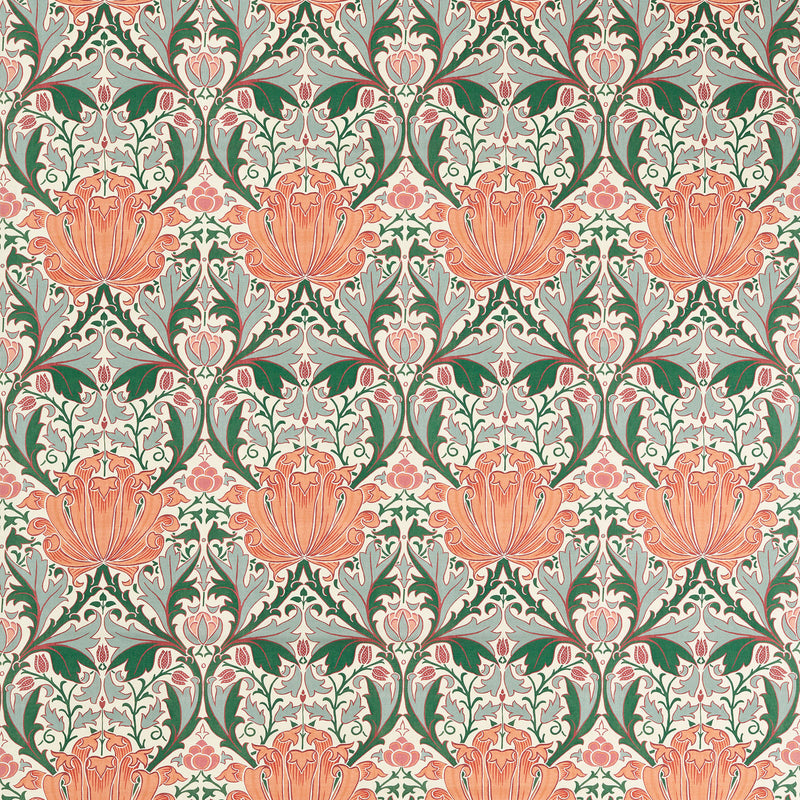 227238 Helena Morris & Friends Peach and Teal Fabric by Morris & Co