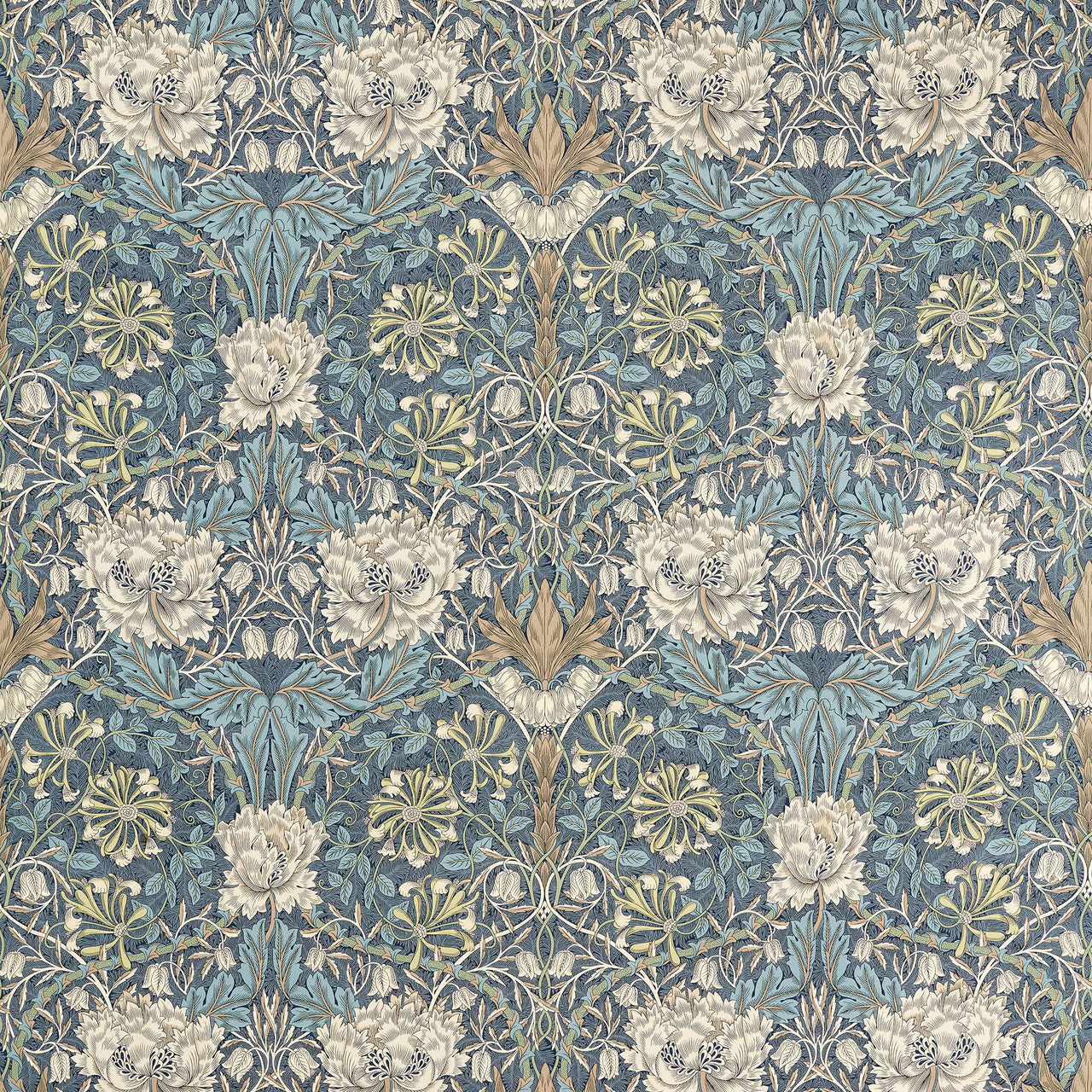 227242 Honeysuckle & Tulip Morris & Friends Woad and Thyme Fabric by Morris & Co