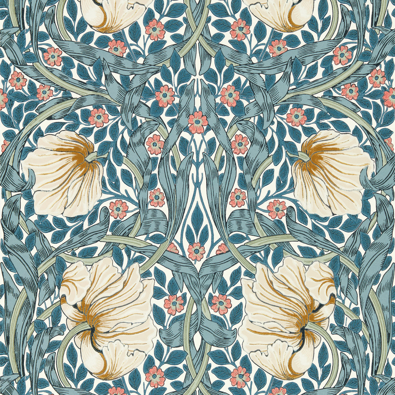 217363 Pimpernel Morris & Friends Woad & Coral Wallpaper by Morris & Co