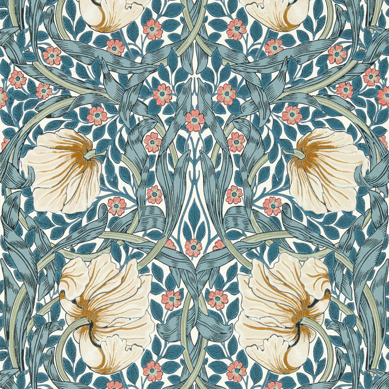 217363 Pimpernel Morris & Friends Woad & Coral Wallpaper by Morris & Co