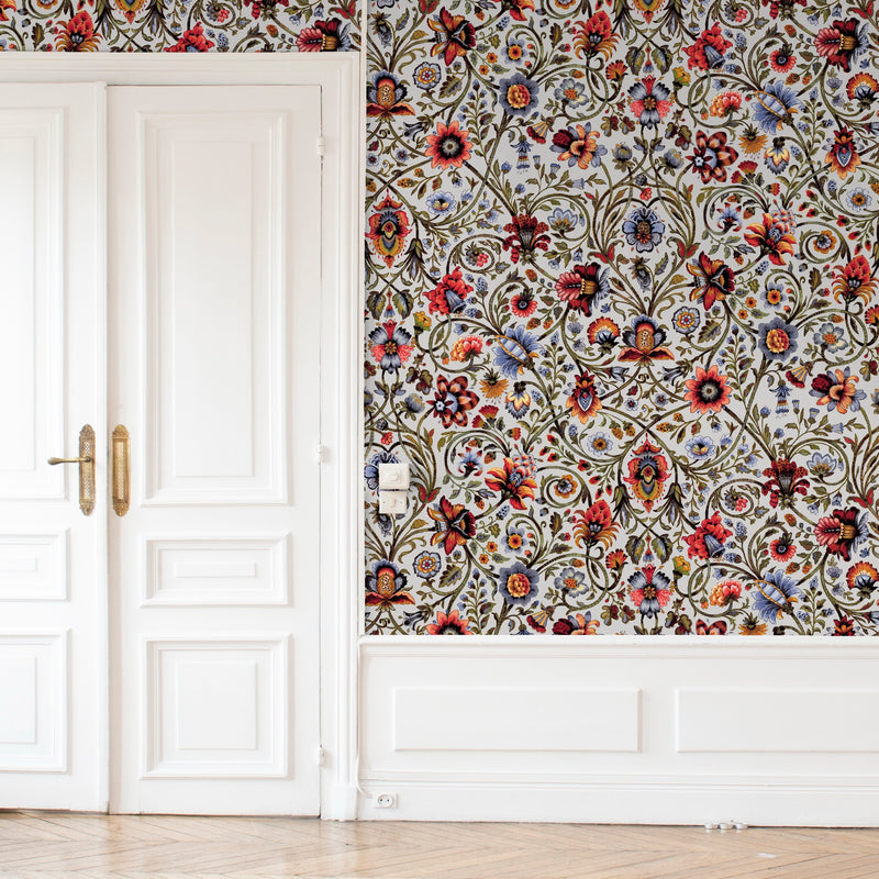 Baroda Scarlet / Grey Traditional Wallpaper by Mallion & Knowles