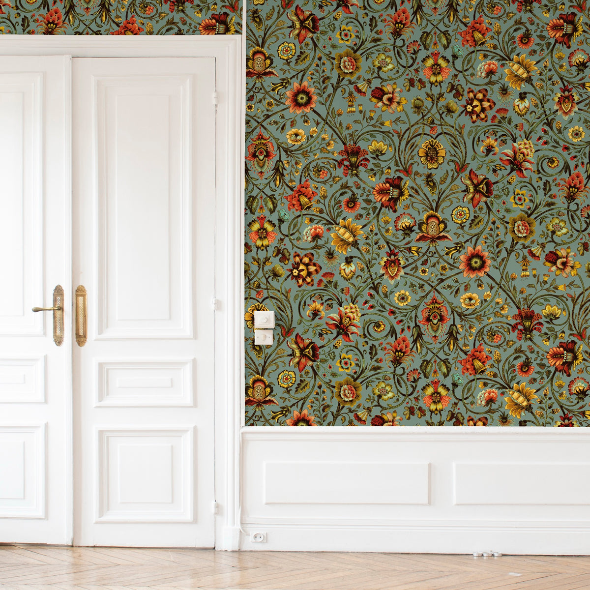 Baroda Amber / Sage Traditional Wallpaper by Mallion & Knowles
