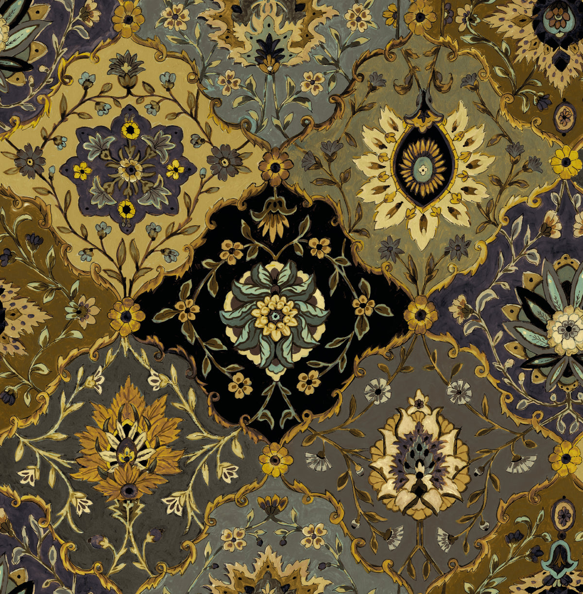 Kashmir Charcoal / Gold Traditional Wallpaper by Mallion & Knowles