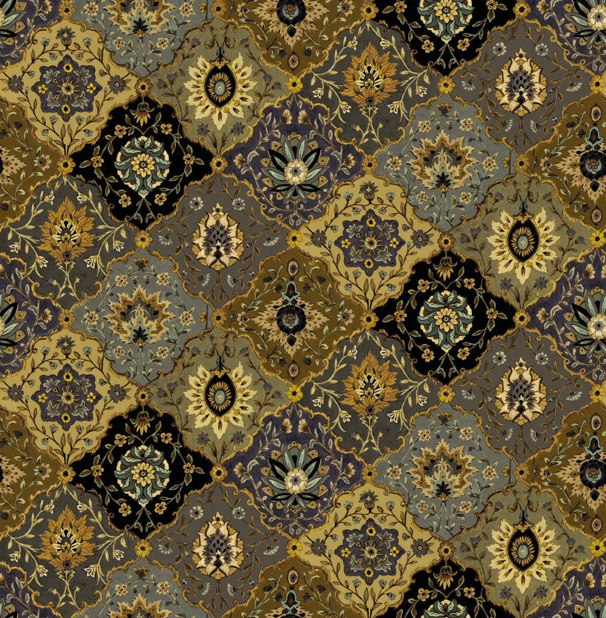 Kashmir Charcoal / Gold Traditional Wallpaper by Mallion & Knowles