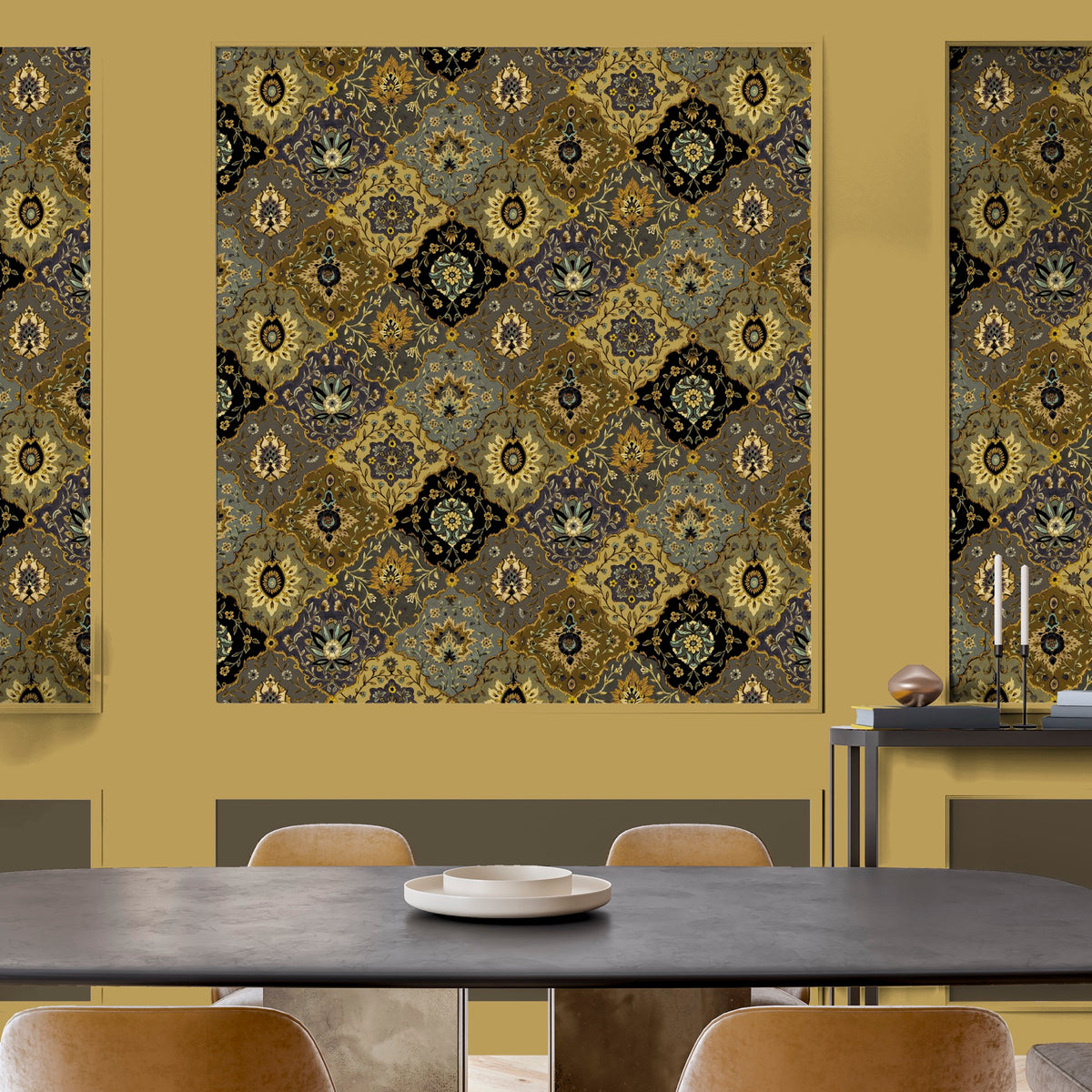Kashmir Charcoal / Gold Traditional Wallpaper by Mallion & Knowles