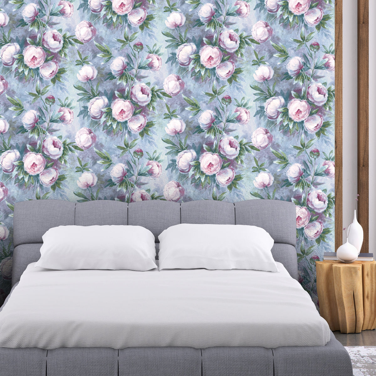 Peony Rose / Sky Floral Style Wallpaper by Mallion & Knowles