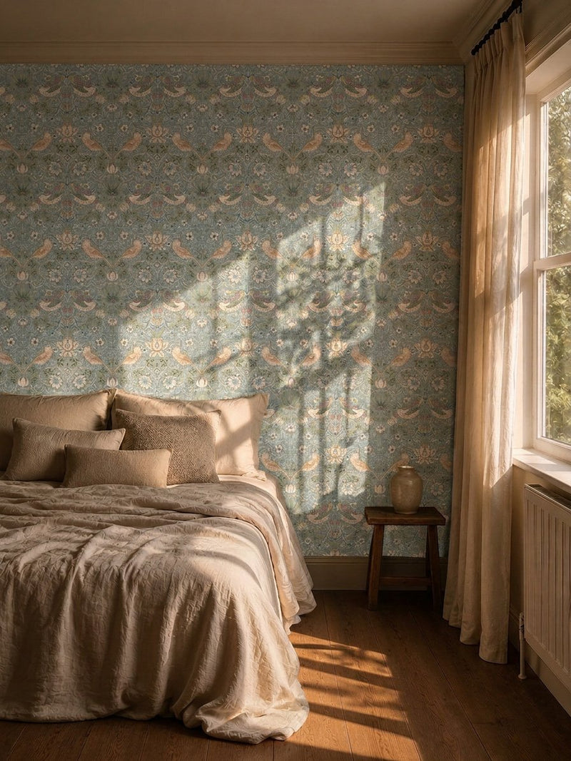 MOW0171-01 Strawberry Thief Slate / Vellum Colours of Morris Wallpaper by Morris & Co