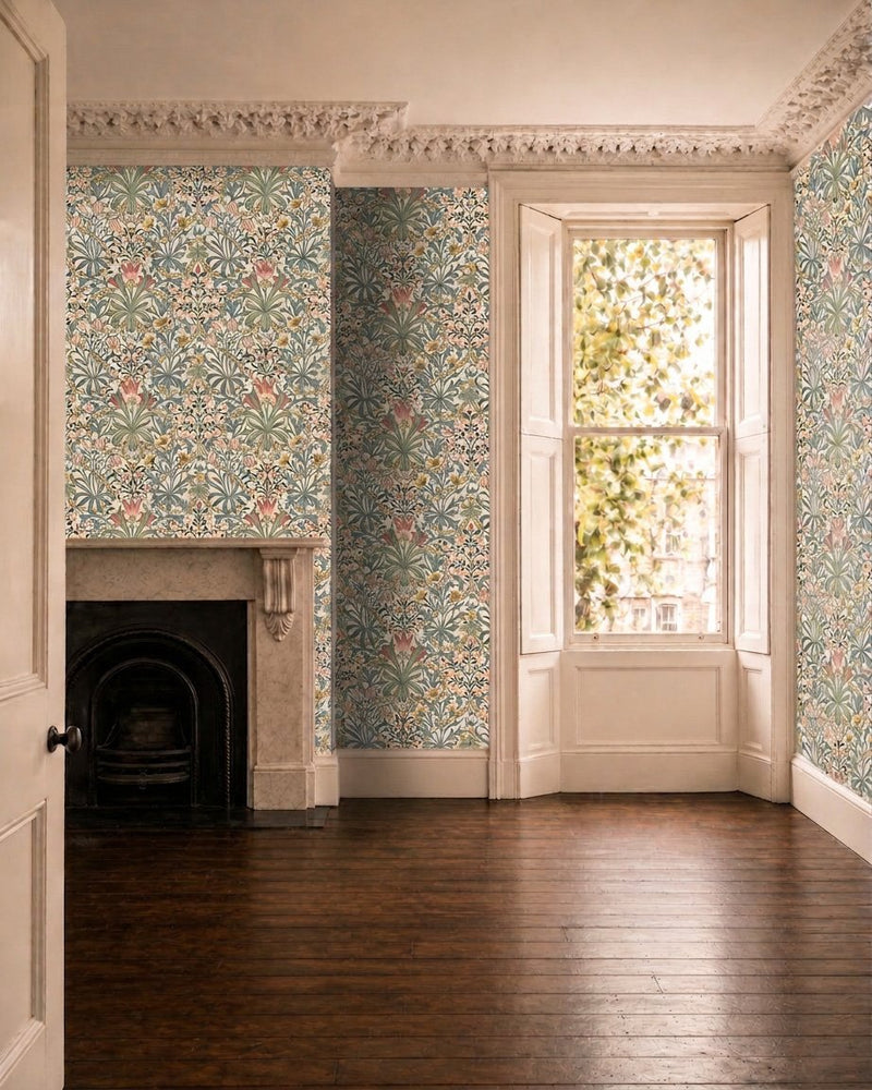 MOW0175-03 Woodland Weeds Rose / Weld Colours of Morris Wallpaper by Morris & Co