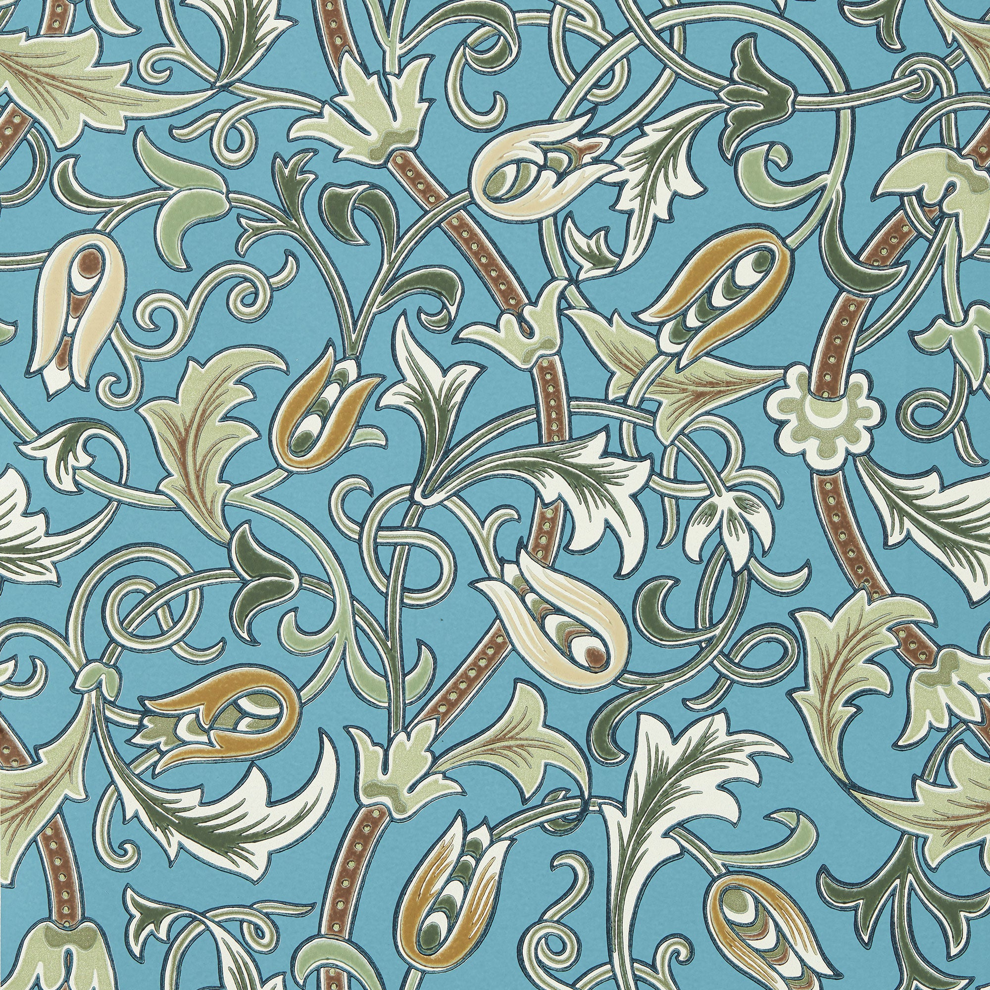 217565 Scrolling Tulip The Unfinished Works Woad/Thyme Wallpaper by Morris & Co