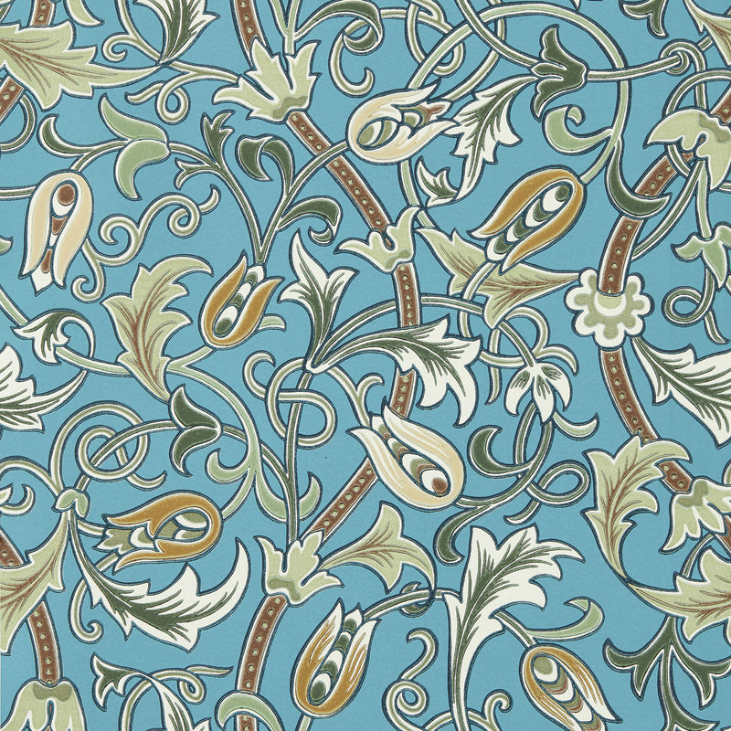 217565 Scrolling Tulip The Unfinished Works Woad/Thyme Wallpaper by Morris & Co