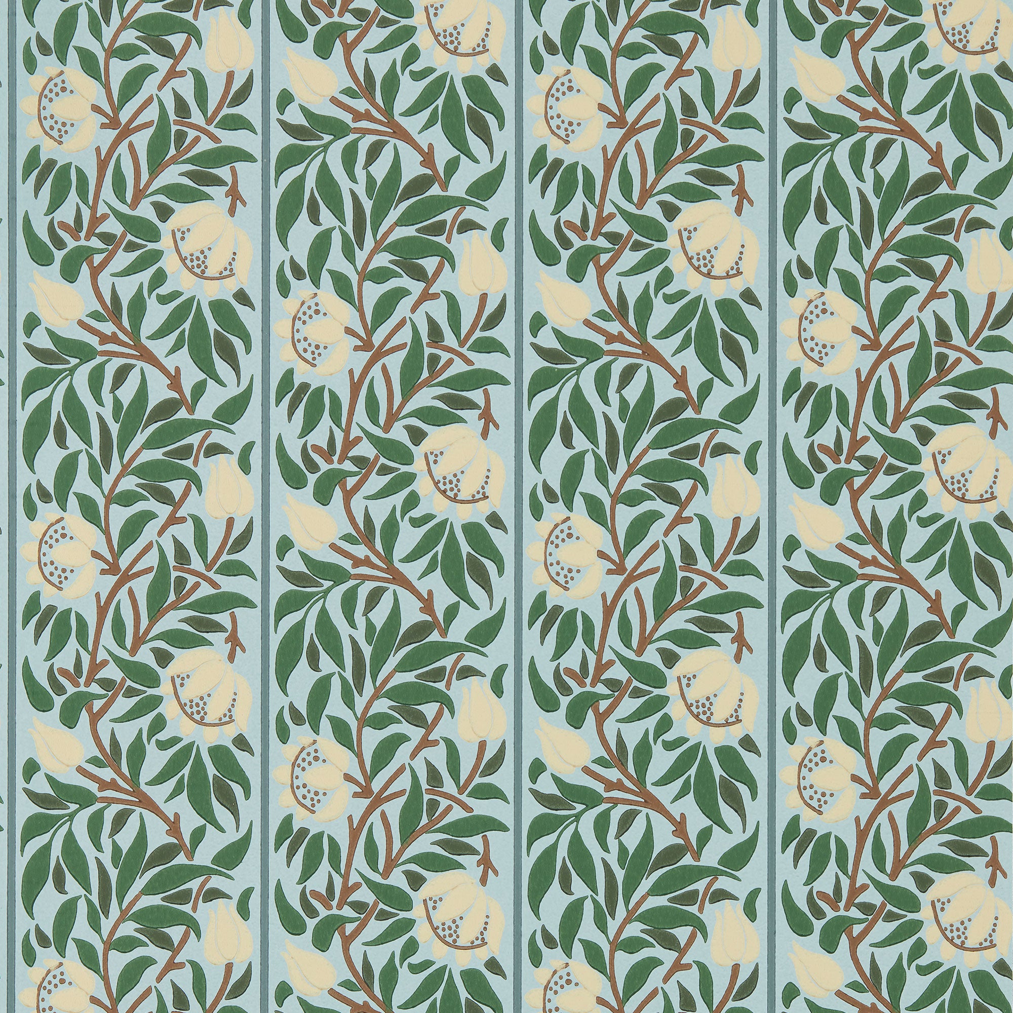 217569 Peony Trellis The Unfinished Works Soft Blue/Nettle Wallpaper by Morris & Co