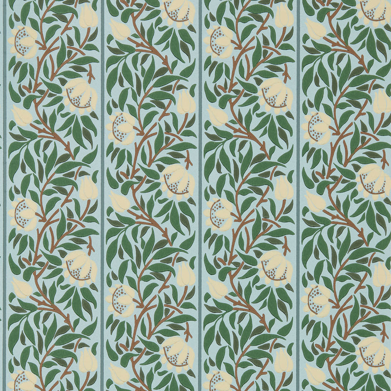 217569 Peony Trellis The Unfinished Works Soft Blue/Nettle Wallpaper by Morris & Co