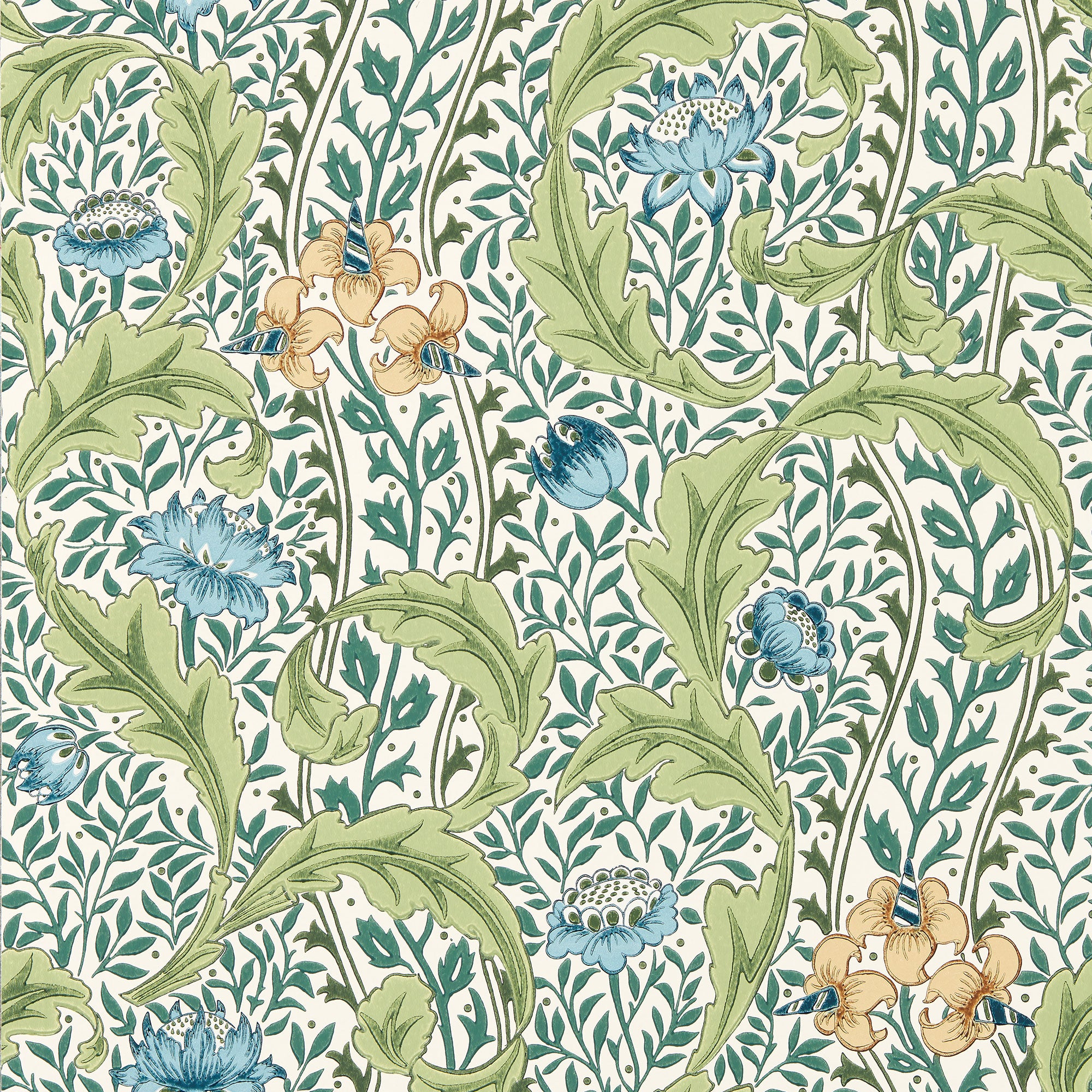 217577 Wild Tulip & Vine The Unfinished Works Nettle/Woad Wallpaper by Morris & Co