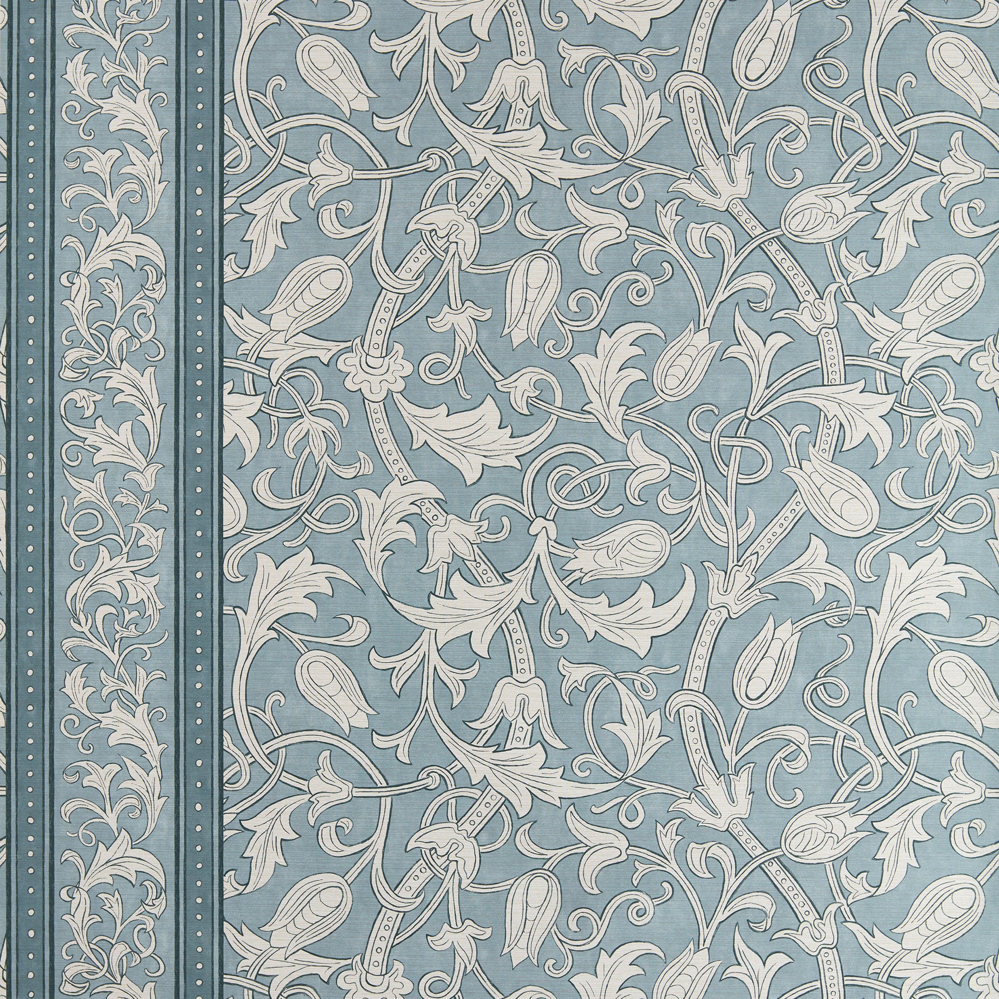 217604 Etched Scrolling Tulip The Unfinished Works Faded Indigo Wallpaper by Morris & Co