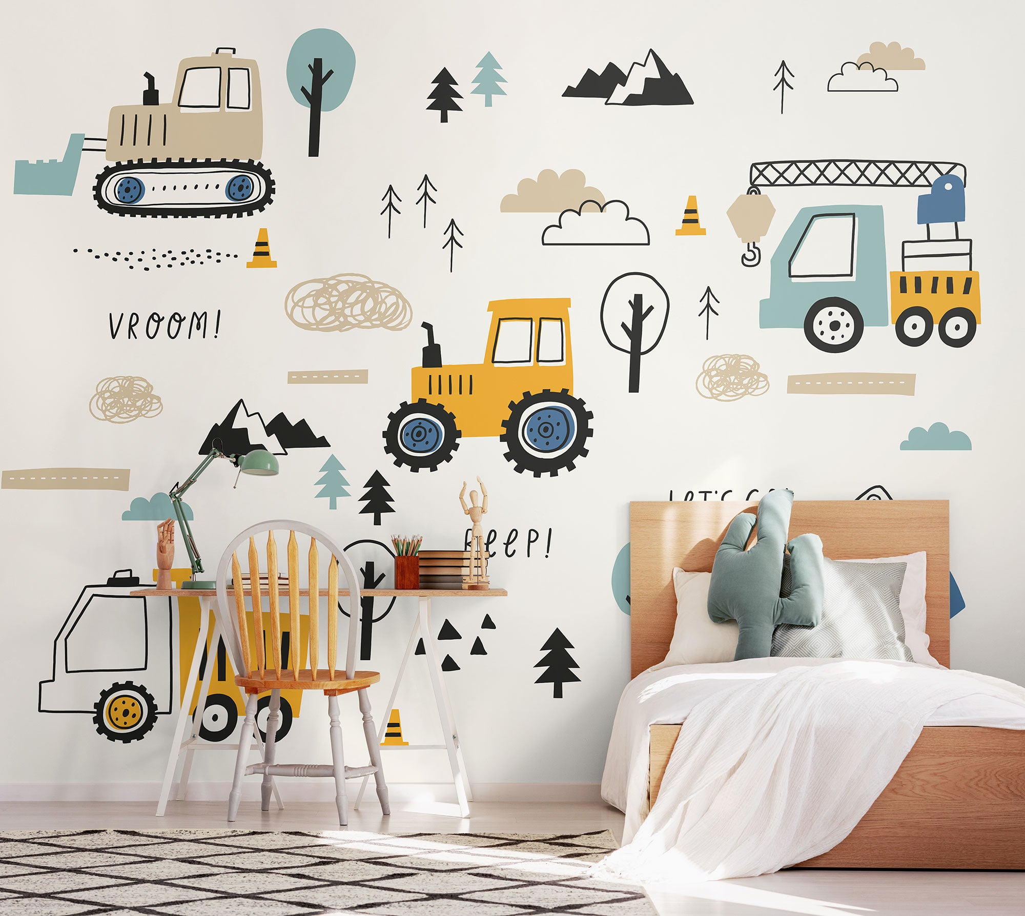 Tractors And Diggers Duckegg Blue Mural (Large) by Origin Murals