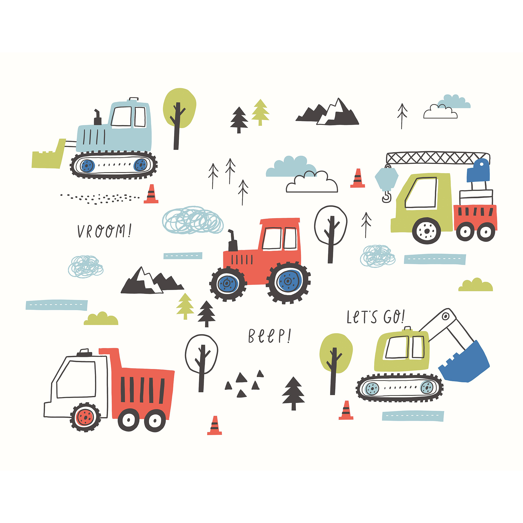 Tractors And Diggers Red Mural (Large) by Origin Murals