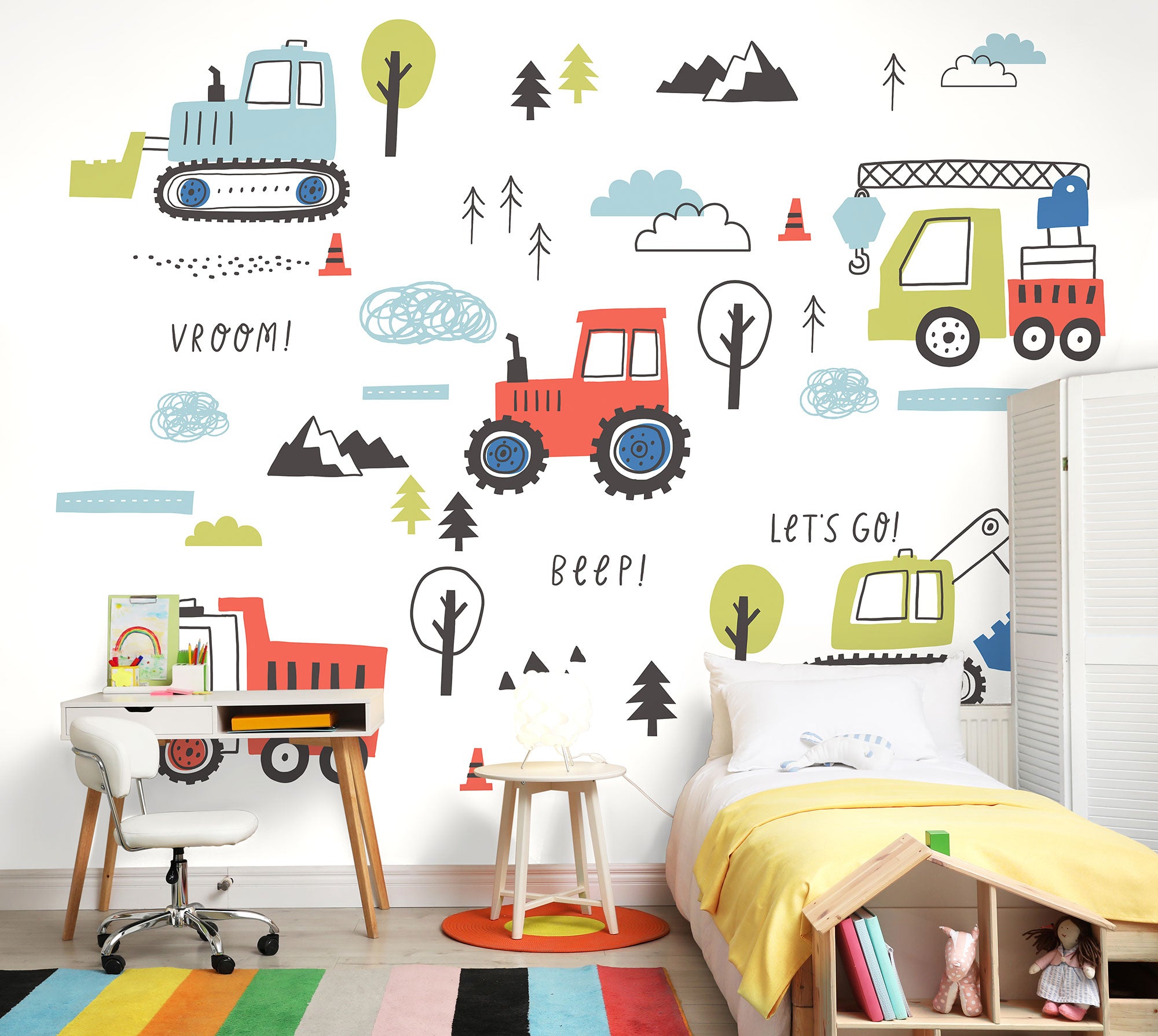 Tractors And Diggers Red Mural (Large) by Origin Murals