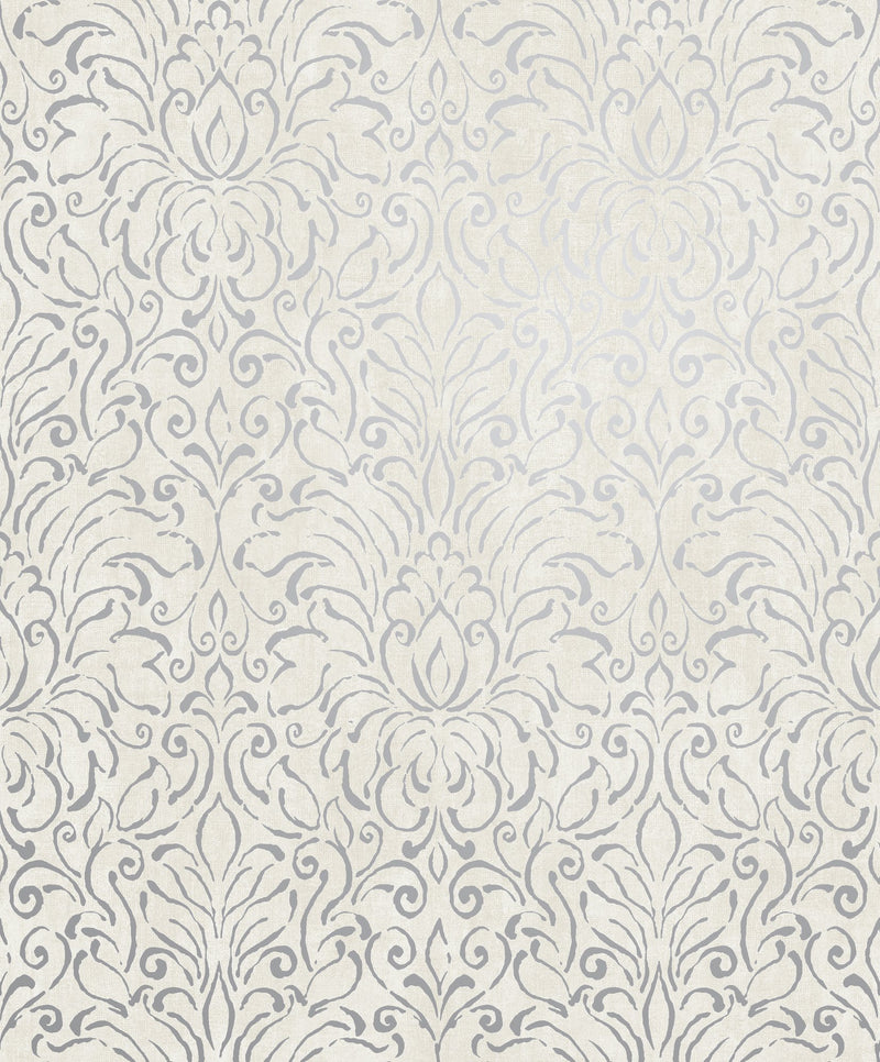 Damask Silver White Metallic FX 2 Wallpaper by Galerie — flat
