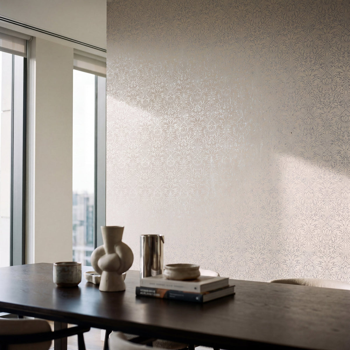Damask Silver White Metallic FX 2 Wallpaper by Galerie — roomshot 1