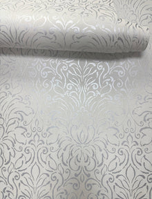 Damask Silver White Metallic FX 2 Wallpaper by Galerie — roomshot 2