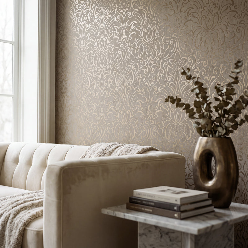 Damask Brown Bronze / Beige Metallic FX 2 Wallpaper by Galerie — roomshot 1