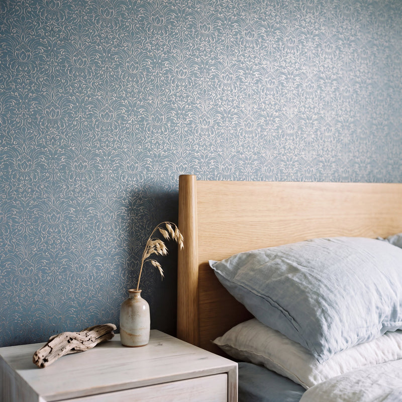 Damask Teal Metallic FX 2 Wallpaper by Galerie — roomshot 1