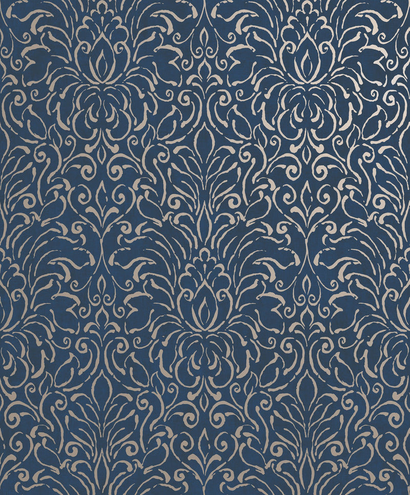 Damask Navy Metallic FX 2 Wallpaper by Galerie — flat