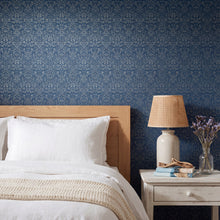 Damask Navy Metallic FX 2 Wallpaper by Galerie — roomshot 1